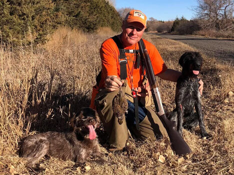 Hunter in a field with hunting dogs